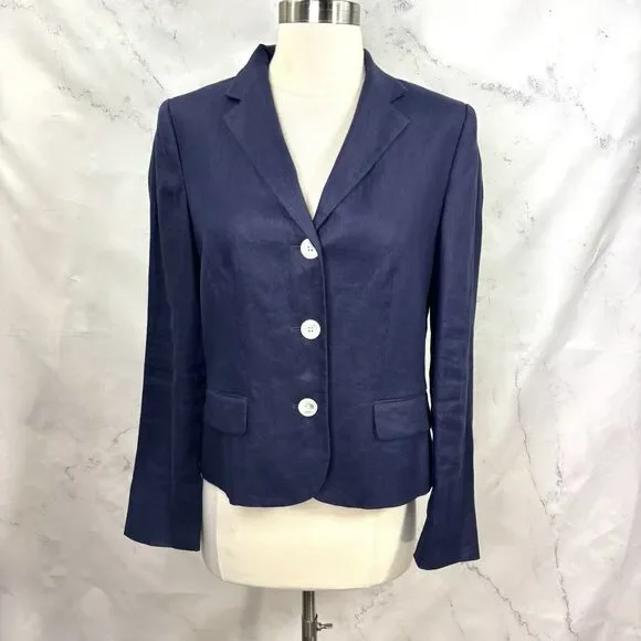 Lauren Ralph Lauren Navy Linen Blazer Jacket Coat Womens 10 P Lined Officecore - Picture 4 of 15